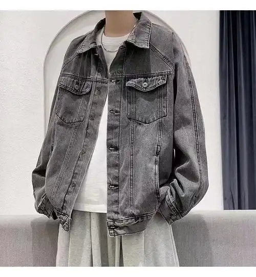 青年百搭冬季男士牛仔外套烟灰色复古牛仔外套男ins潮春秋oversize