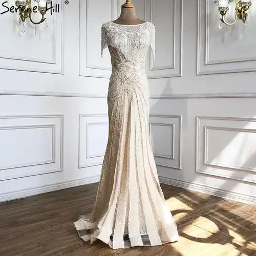 米白色高端大气高级质感奢华钉珠鱼尾流苏年会主持晚礼服 la60809