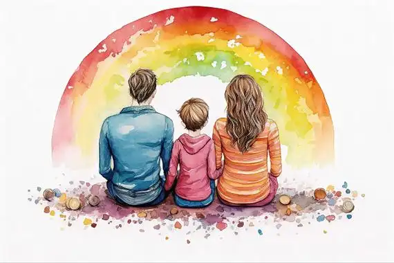 ai插画亲子旅游沙滩夏天一家三口身穿夏装背影海边度假卡通ai插画夏