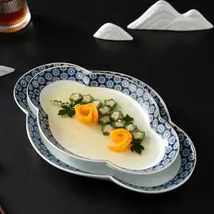 中式浮雕青花旦形如意深盘9寸10寸创意会所酒店餐具冷菜盘子热菜