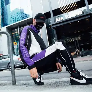 潮牌套装男秋季长袖港风紫色嘻哈国潮社会街舞两件套街头夹克外套