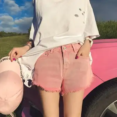 2017夏装新款时尚简约小清新粉色毛边牛仔短裤热裤女装度假风原宿