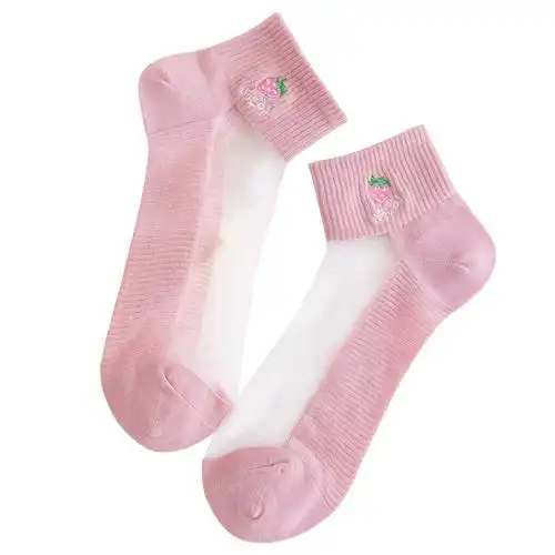 水果草莓图案可爱学生生日春夏季薄款玻璃丝水晶短袜