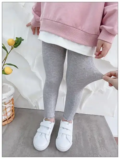 女童打底裤2022春夏季修身长裤花边可开裆幼儿园女宝宝大弹力裤子奶茶