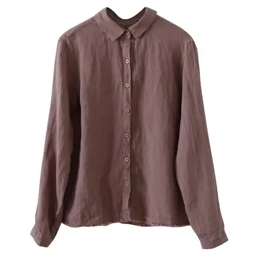 怀旧气质豆沙色亚麻衬衣 洗水做旧下摆毛边 休闲文艺女上衣独上