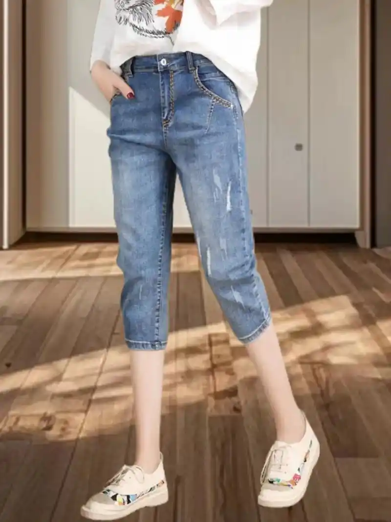 2024夏季新款牛仔裤女,薄款紧腰七分哈伦裤!