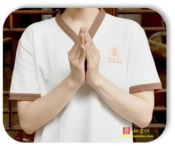 双手手指伸直合十,悬置胸口处成45°角.