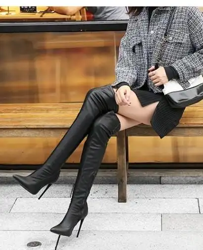 好格莱旗舰店的优惠券大全—灰色靴子女尖头女鞋细跟高跟过膝长靴弹力