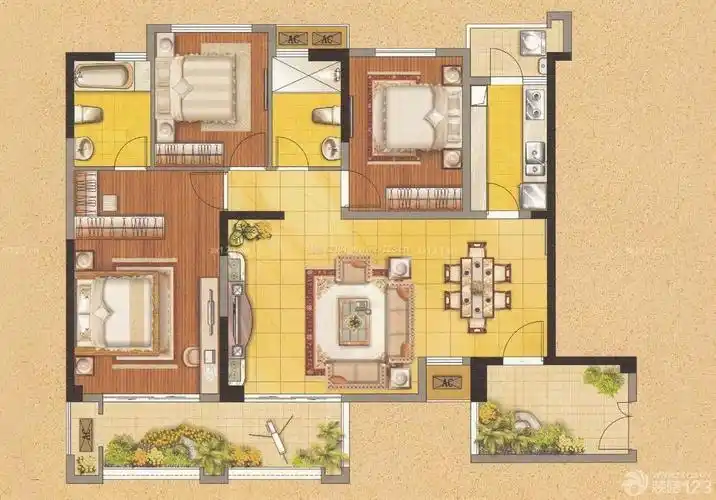 130平米三室两厅别墅户型图片_装信通网效果图