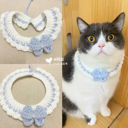 手工钩针猫咪宠物项圈蓝色蝴蝶结第51款