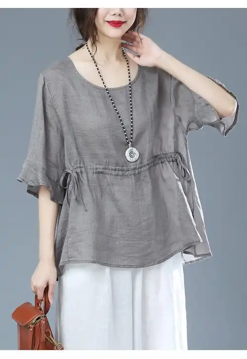 棉麻上衣夏季新款抽绳宽松亚麻短袖t恤女士体恤衫显瘦女式小衫灰色