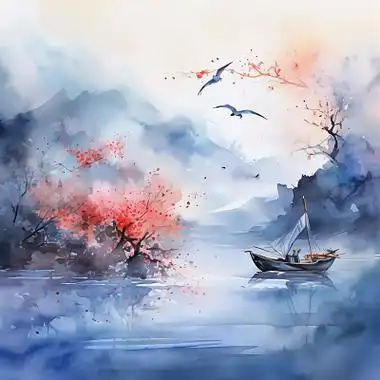 古风水彩水墨山水画中国风风景壁纸小船飞鸟古典山水画祥云国潮山水