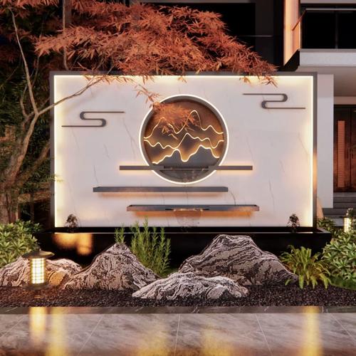 不锈钢喷泉景墙新中式影壁墙庭院假山流水屏风隔断花园金属别墅墙