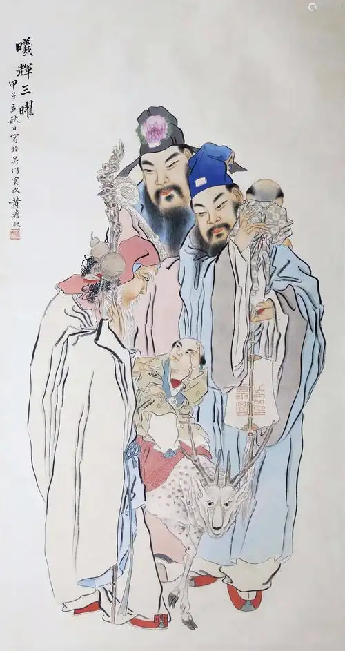 黄淡如福禄寿三星设色纸本立轴