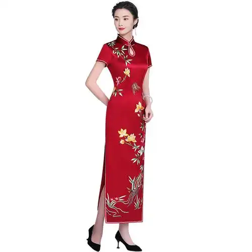 钱塘佳人妈妈婚宴旗袍长款气质优雅红色醋酸缎面旗袍