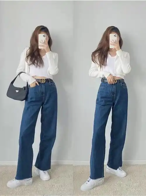 牛仔阔腿裤穿搭:秋天到了,各种小针织开衫牛仔裤都要开始准备起来.