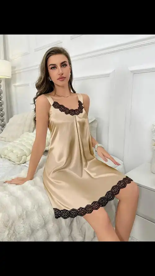 亚马逊耀婷新款冰丝睡衣女夏薄款家居服蕾丝收腰女士吊带睡裙3217