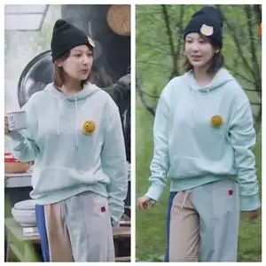 杨紫向往的生活同款衣服卫衣连帽衫上衣撞色拼接裤子绿色运动套装