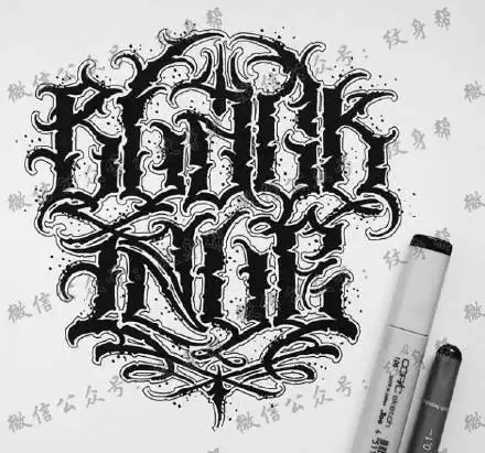 一组9张哥特式花体字纹身手稿