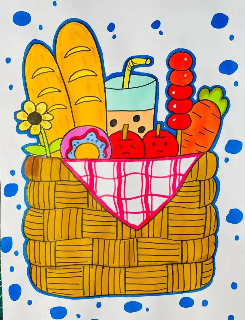 零食篮子儿童画创意画