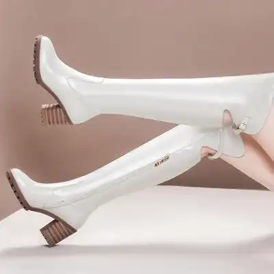 冬季新品女靴显廋真皮高跟瘦腿过膝靴长靴高筒靴女粗跟骑士靴白靴