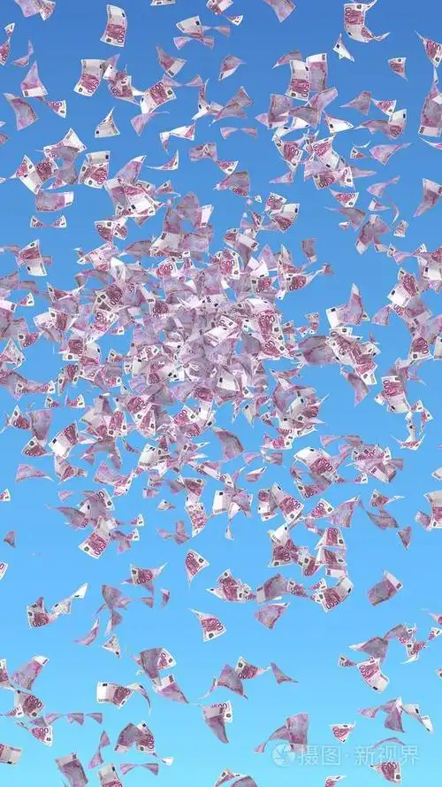 天空背景下飞扬的欧元钞票钱在天上飞500欧元的颜色三维插图