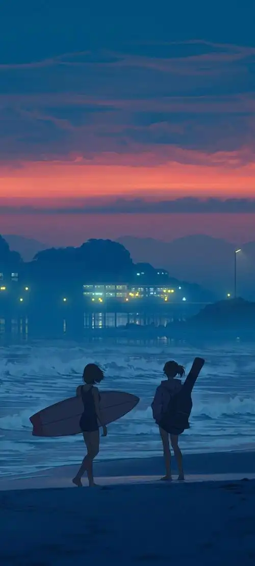傍晚海边拿冲浪板和背吉他的女孩动漫手机壁纸