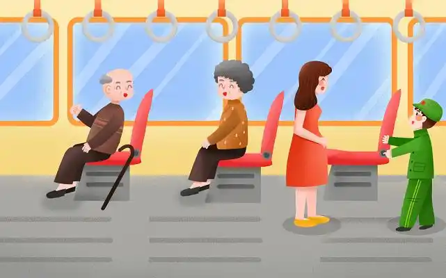 卡通手绘小学生公交车礼貌给老人让座学雷锋插画雷锋纪念日关于雷锋日