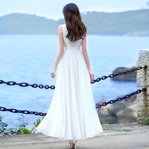 2夏装新款白色雪纺长裙仙气质大摆连衣裙海边度假沙滩裙女长款