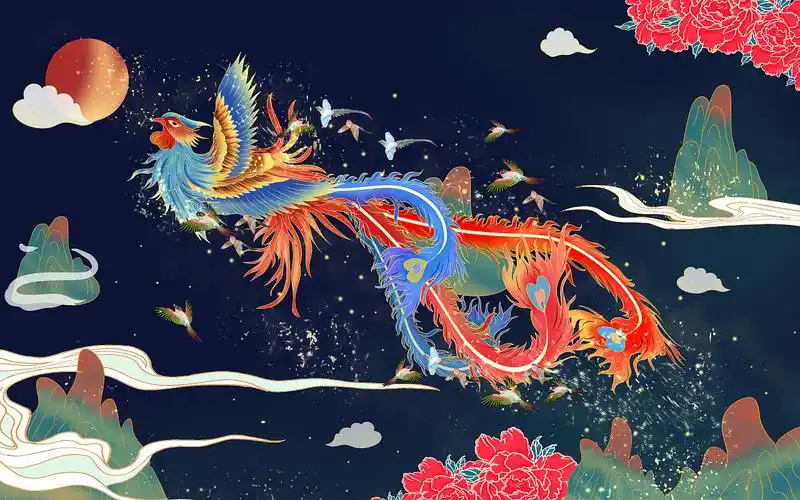 白鸟朝凤凤凰国潮插画