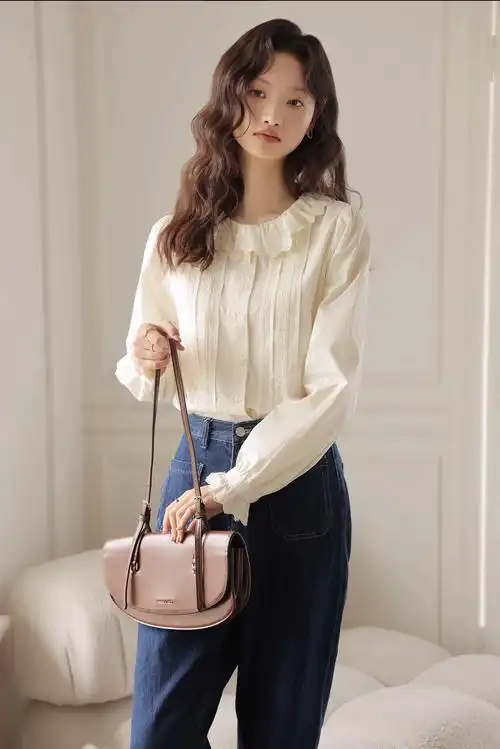 复古荷叶领衬衫女春季打底上衣新品设计感宽松慵懒感显瘦长袖法式