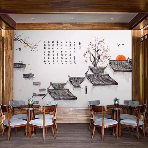 江南水乡水墨画中式壁纸徽派建筑马头墙装饰火锅饭店餐厅背景墙纸