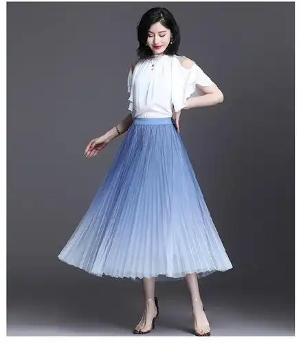 小清新半身裙子女夏网纱裙长裙浅蓝色夏装大摆双层裙子粉红色时尚