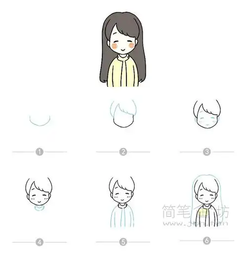 卡通女孩简笔画及步骤图解【彩色】
