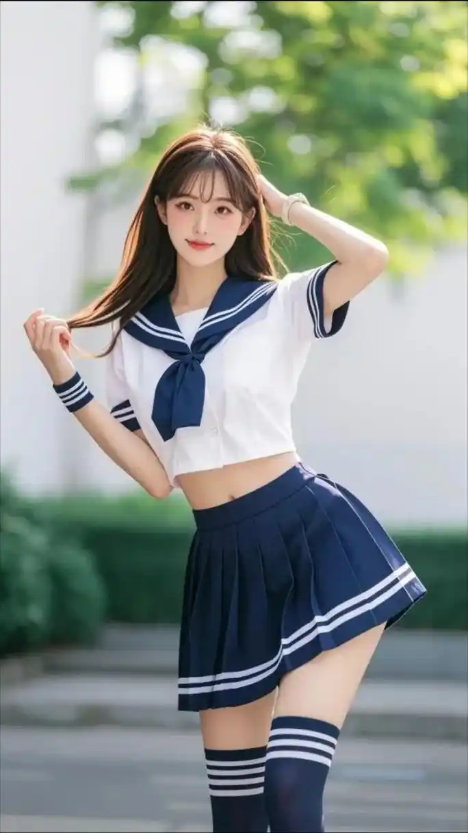 在温暖的阳光下,她如同一道亮丽的风景线,身穿一袭经典的jk水手服