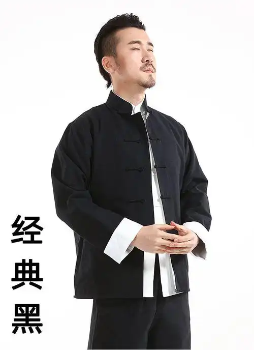 复古中国风汉服中式服装居士服老粗布长衫男士男式男生青色红扣18092a