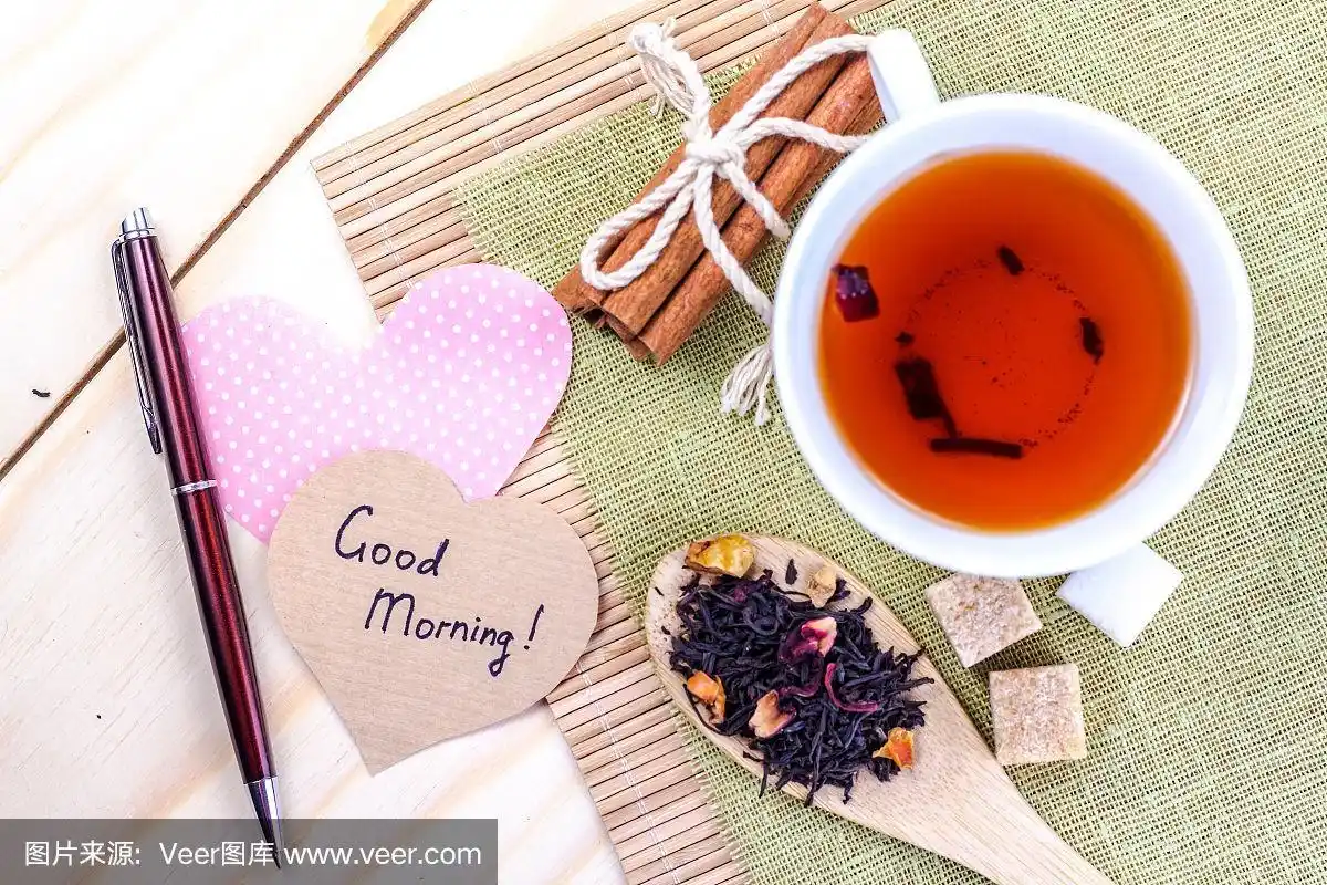 一杯茶,在纸上写上"早上好".