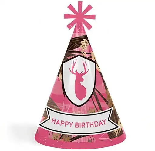 pink gone hunting - 圆锥生日快乐派对帽 适合儿童和成人 - 8 件套