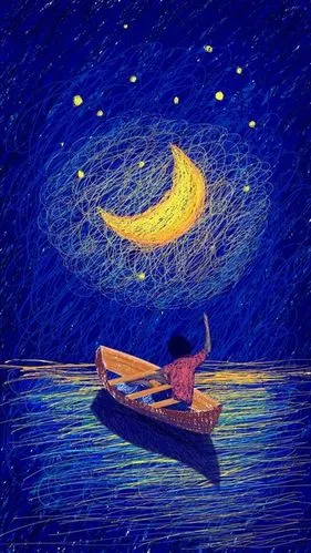 唯美手绘弯月星空下划船ps插图插画素材