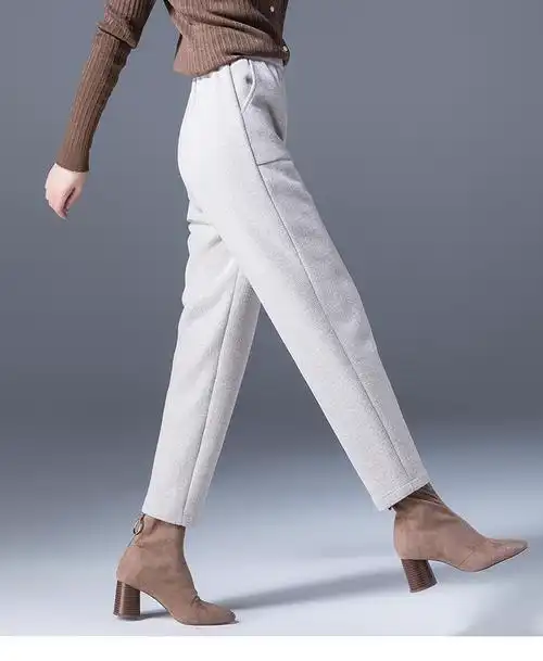 女装米色毛呢萝卜裤女秋冬高腰加厚女裤休闲妈妈裤羊毛呢子裤子哈伦裤