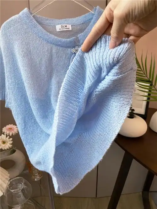 奶蓝色改良式旗袍针织衫女2022夏季新款小个子软奶甜美法式短上衣