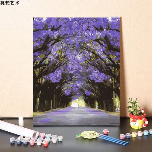 数字油画diy手工浪漫蓝花楹树林小道填充手绘涂色风景画油彩画画
