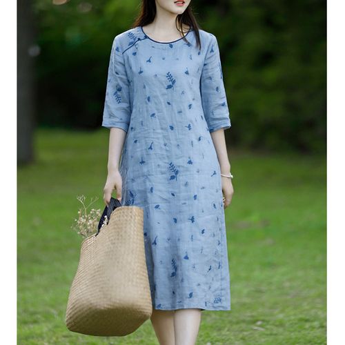 高端苎麻刺绣改良国风旗袍禅意复古茶服蓝色休闲冷色系中长连衣裙