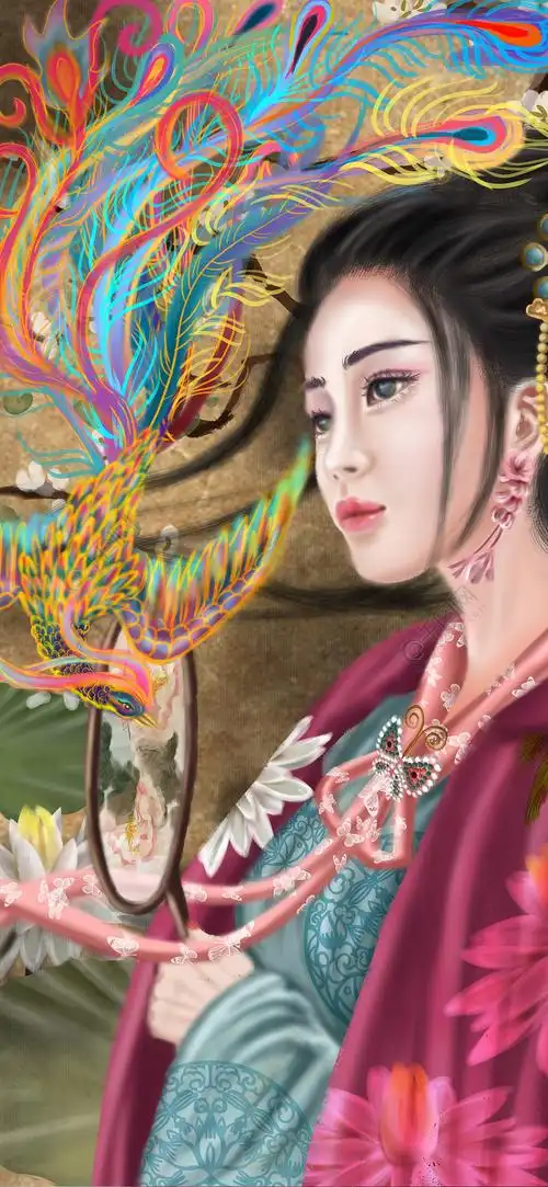 国潮古风中国风国画凤凰美人执扇桃花复古