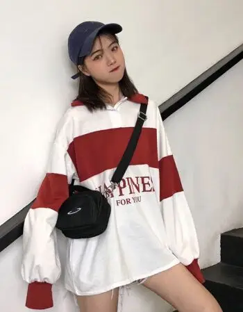 2018新款韩版chic早秋上衣慵懒网红同款衣服宽松港味长袖t恤女夏 拼色