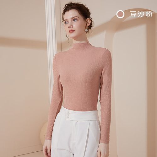 花西雪秋季女士半高领打底衫纯色显瘦长袖t恤上衣女 豆沙粉 m