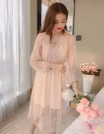 女士2018新款雷丝连衣裙中长款蕾丝夏天女韩版显瘦夏季连身裙 粉色