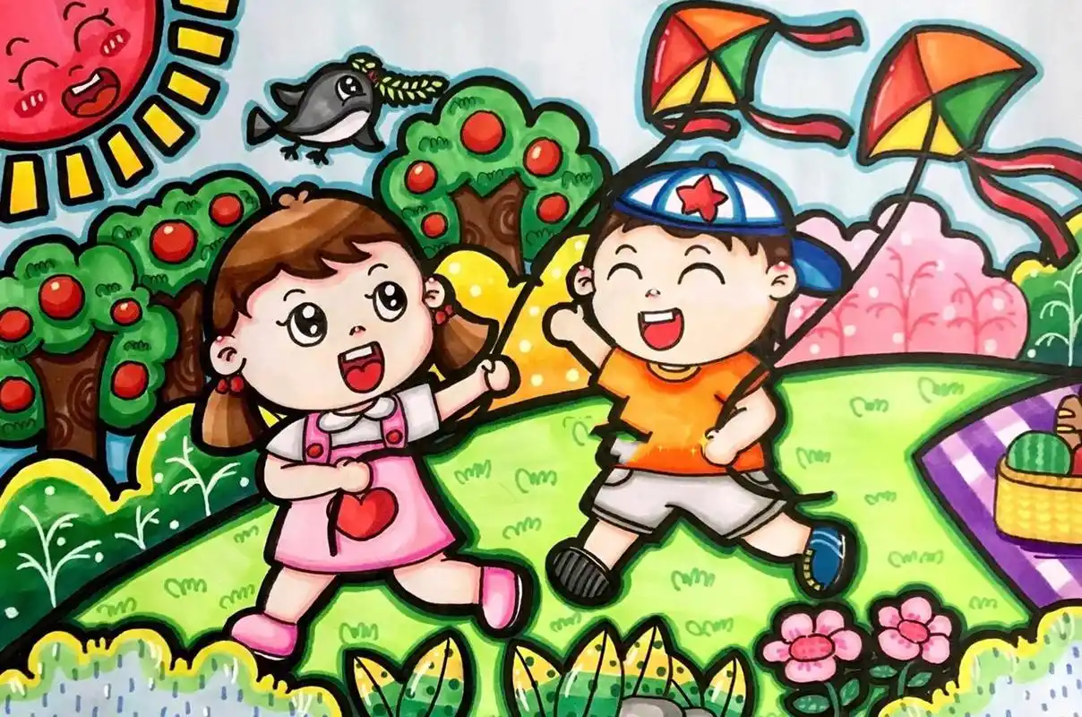 《放风筝》儿童画 幼师考编必备 适用题目:《放风筝》,《有趣的游戏》