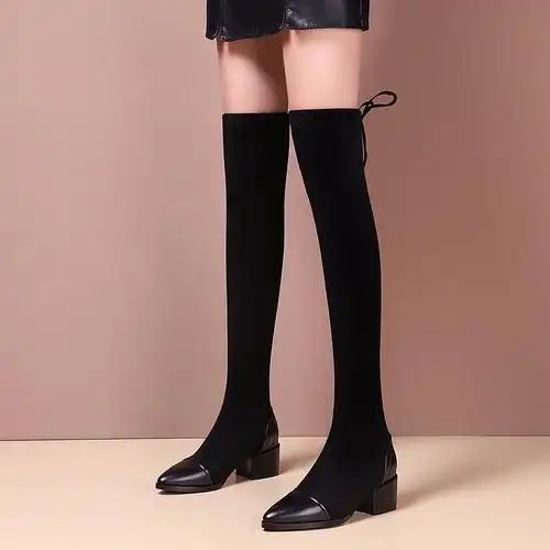 黄三怪-我的严选网 鞋子 长靴女冬2019新款高筒弹力靴真皮中跟粗跟