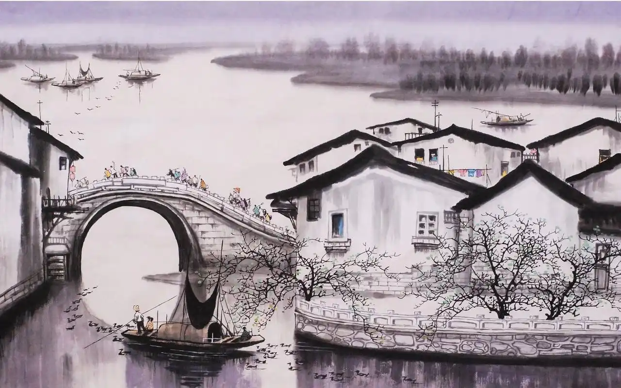 江南水乡古镇水墨画